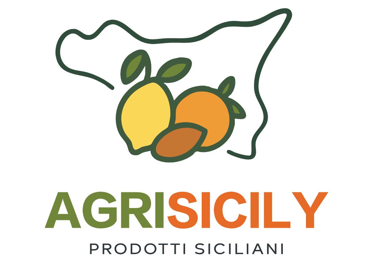 Logo dell'azienda Agri Sicily con Sicilia stilizzata e icone di limone, arancia e mandorla